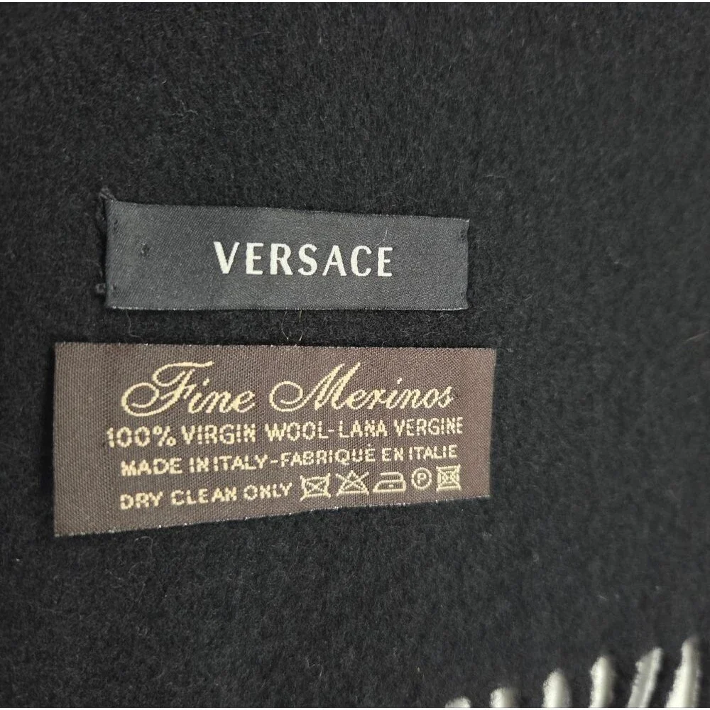 Versace Wool Medusa Logo Embroidered Fringe Scarf